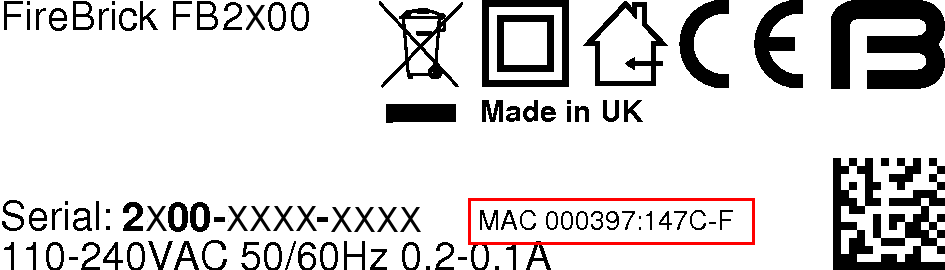 Product label showing MAC address range