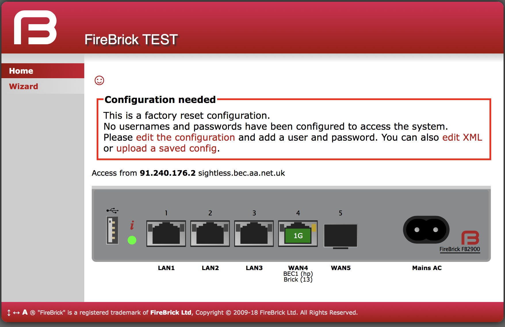 Initial web page in factory reset state