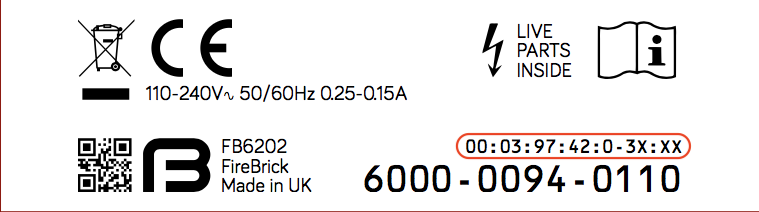 Product label showing MAC address range