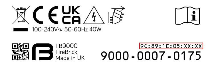 Product label showing MAC address range